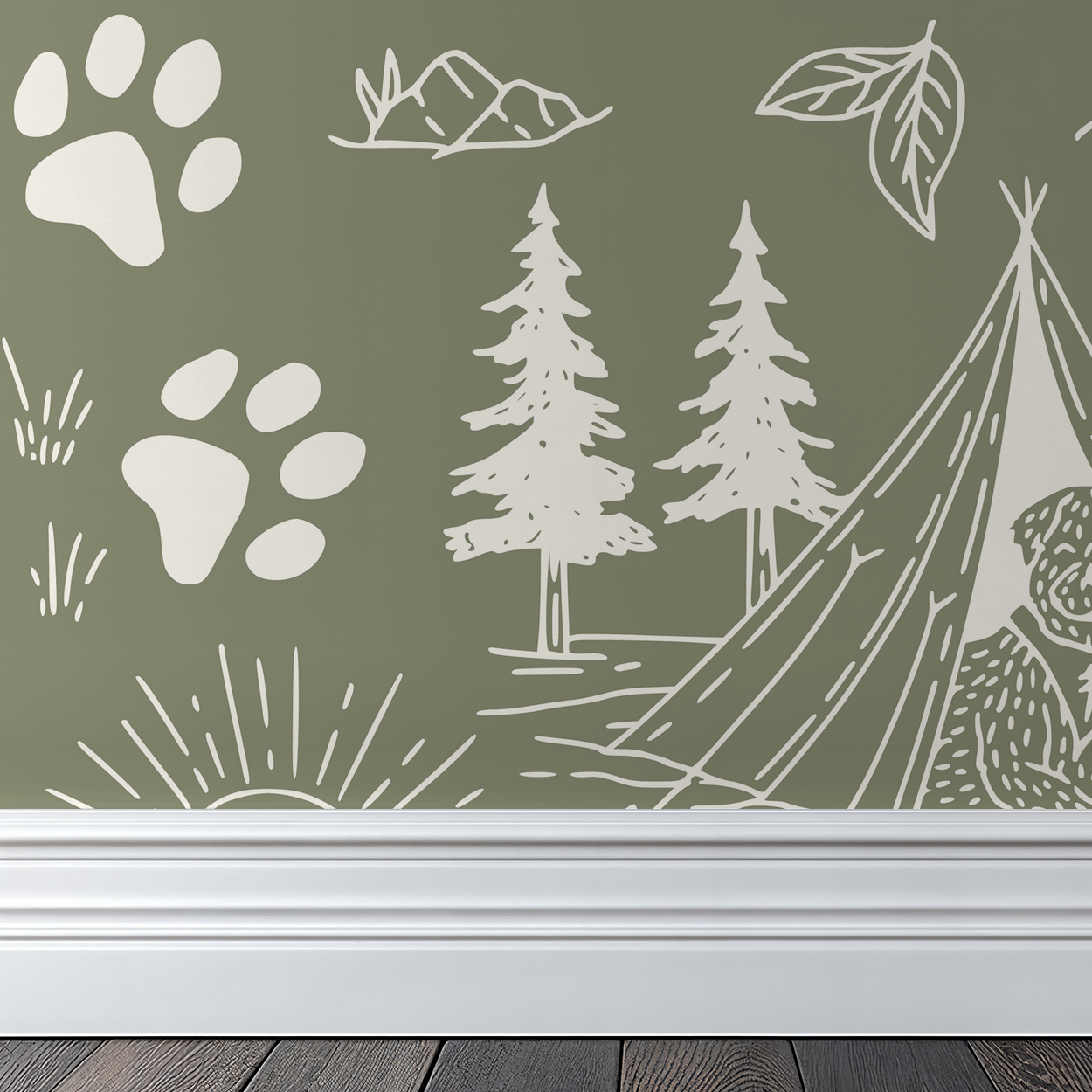 Whimsical green wallpaper with dog, paw prints, trees, and tent sketches.