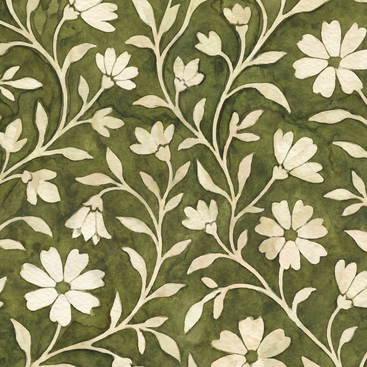 Green floral wallpaper with cream flowers and vines, botanical pattern