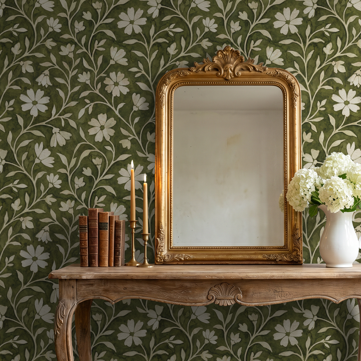 Green floral wallpaper with cream flowers in classic living room setting