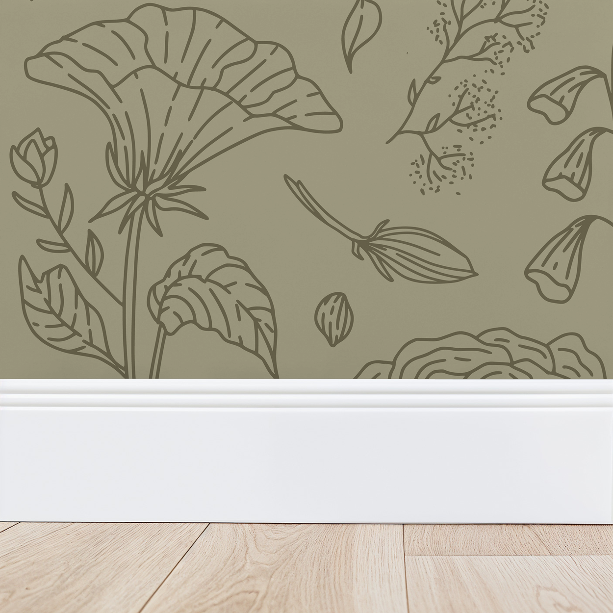 Green floral wallpaper with line-drawn flowers and leaves, wood floor, white baseboard.