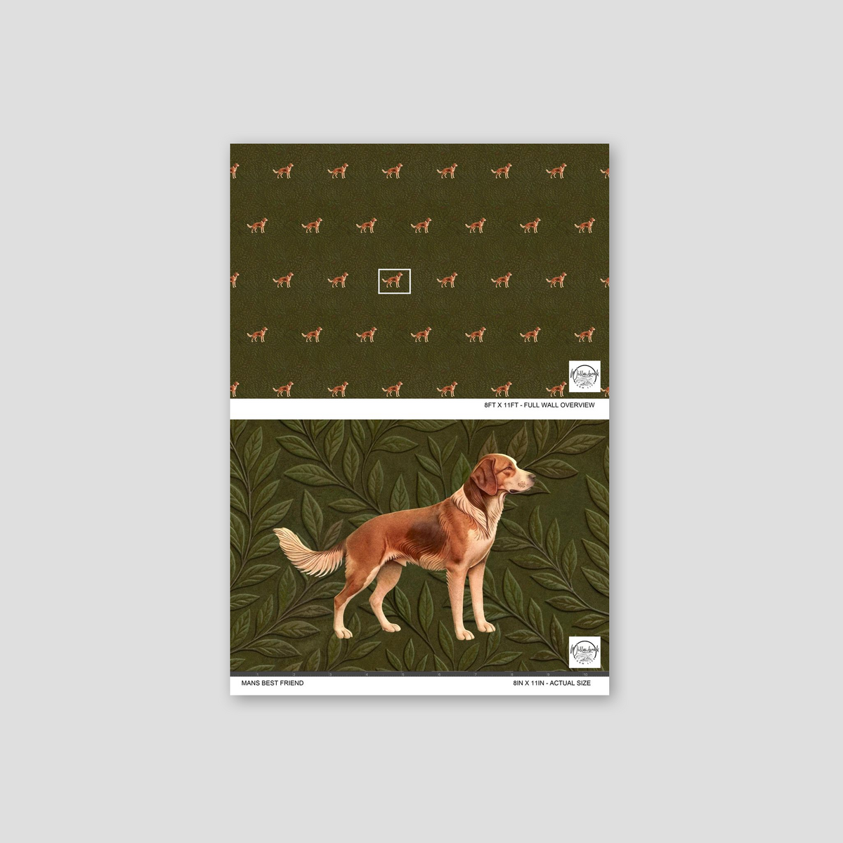 Green wallpaper with foliage and dog pattern, featuring a golden retriever.
