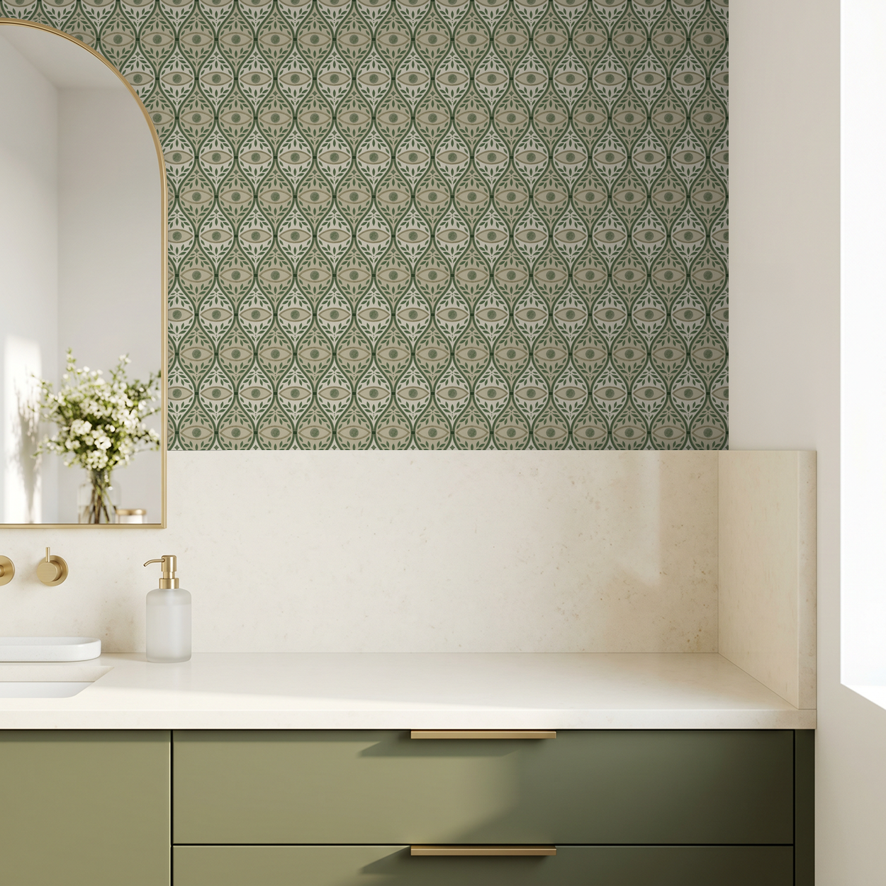 Green geometric floral wallpaper in modern bathroom with green cabinets.