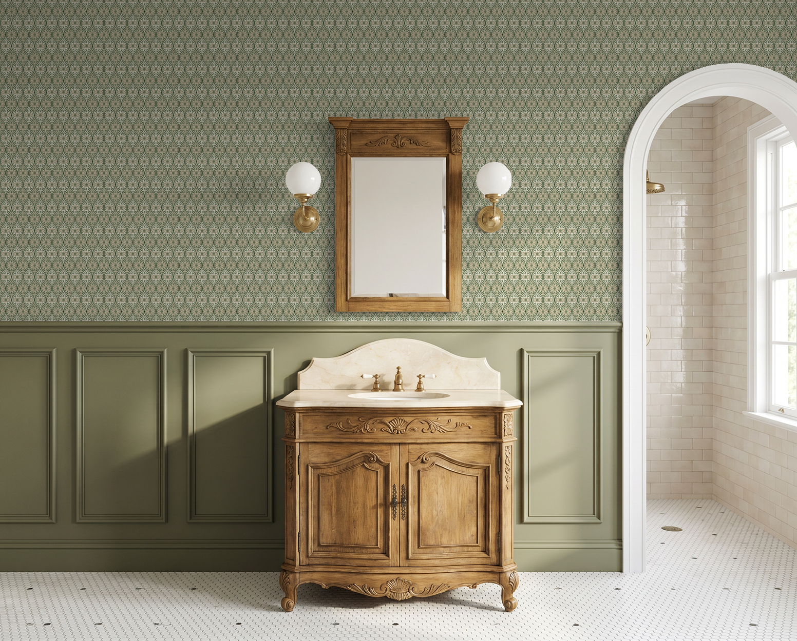 Green geometric patterned wallpaper in vintage bathroom with wooden vanity.