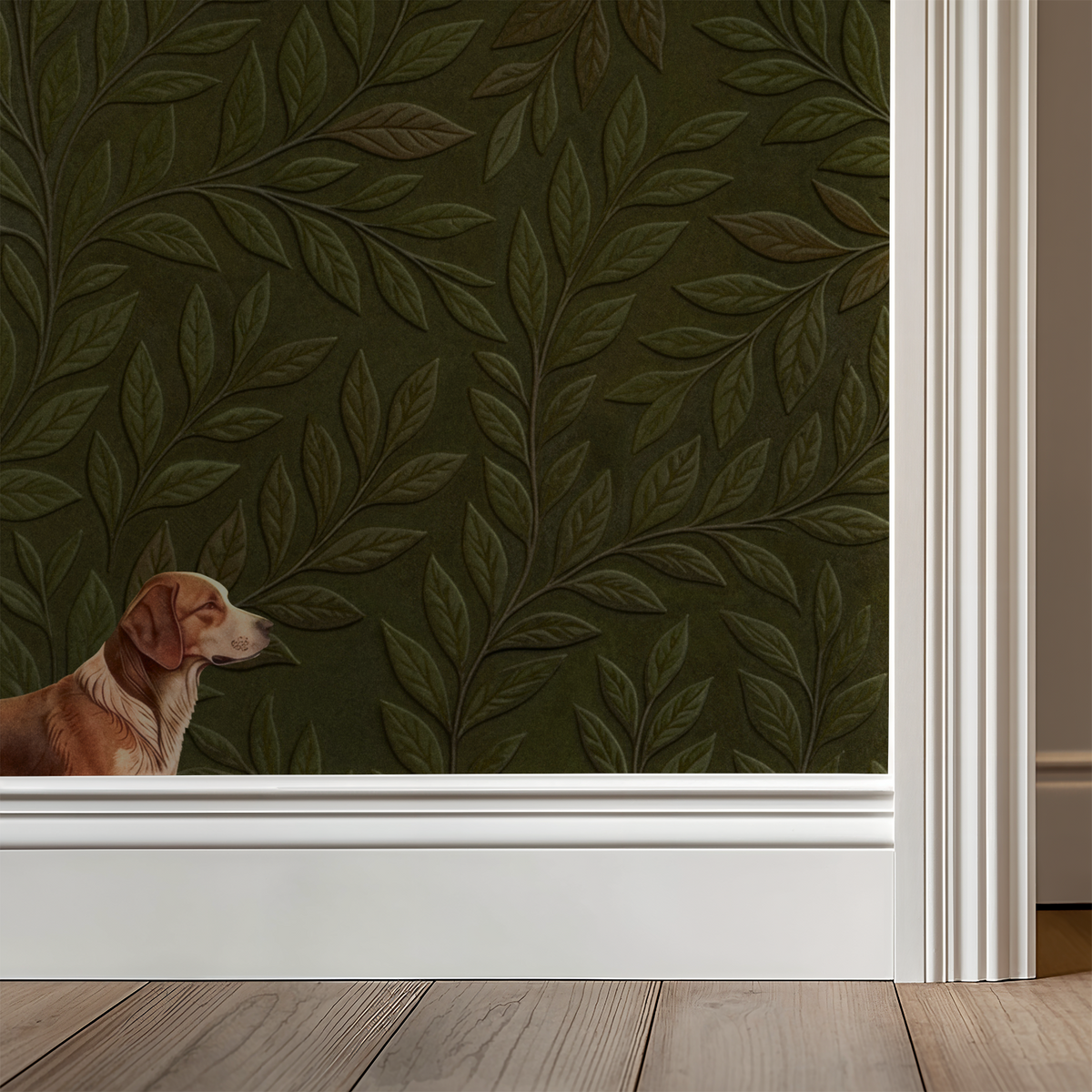 Green leaf wallpaper with dog illustration in cozy room setting