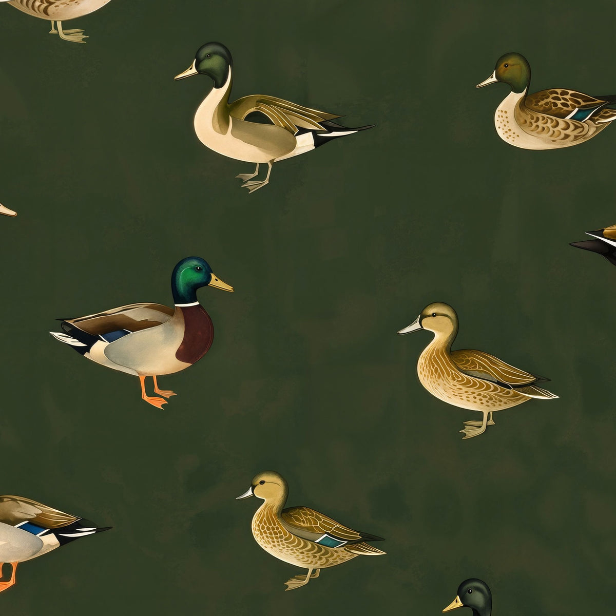 Green wallpaper with illustrated mallard ducks in a nature-inspired pattern.