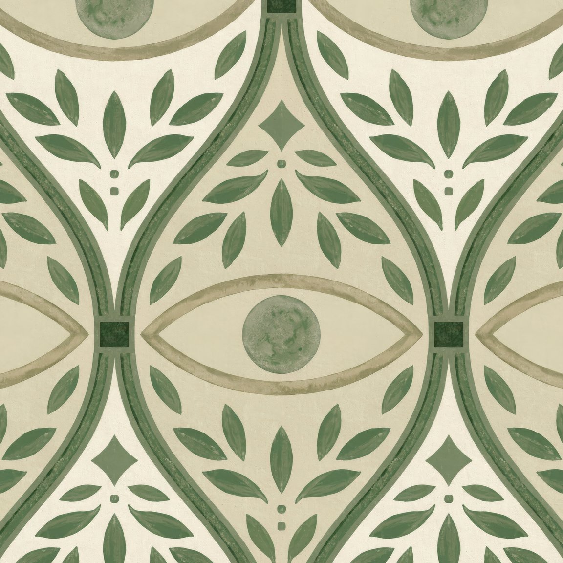 Green organic leaf pattern wallpaper with geometric motifs in earthy tones.