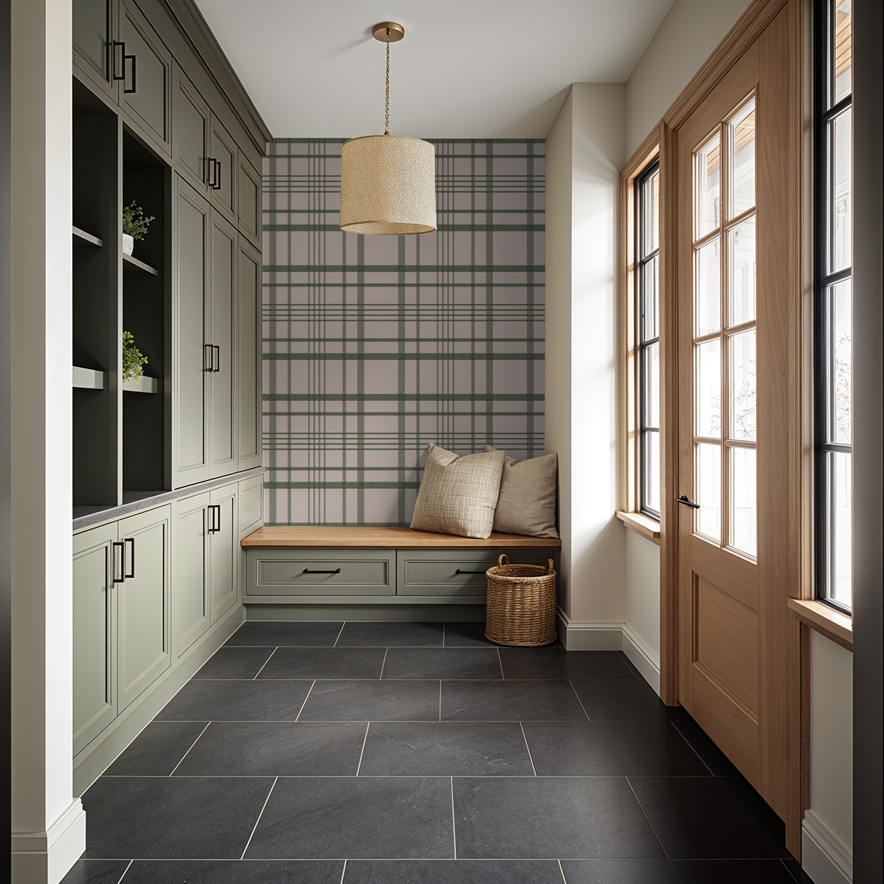 Green plaid wallpaper in a cozy entryway with built-in seating and natural light.