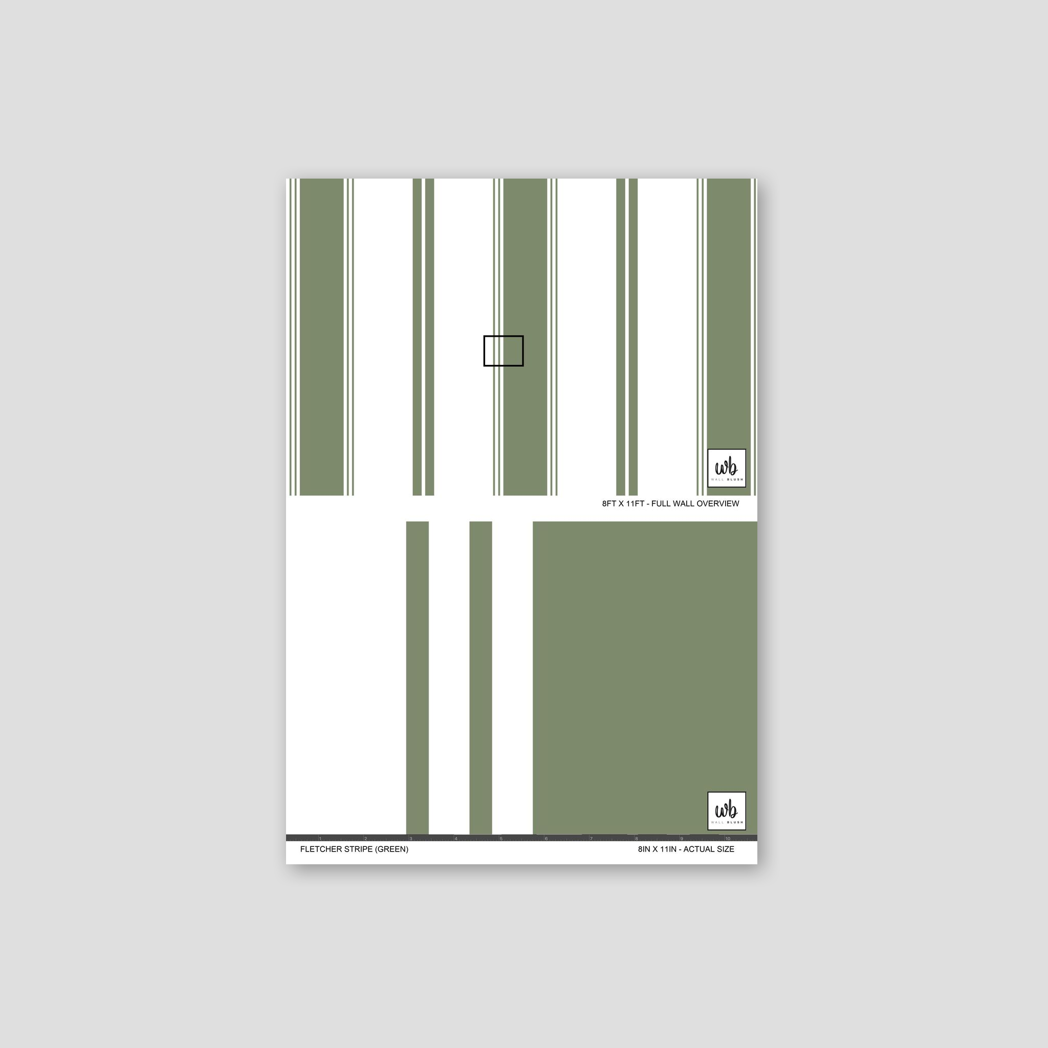 Green and white striped wallpaper sample with organic textures.