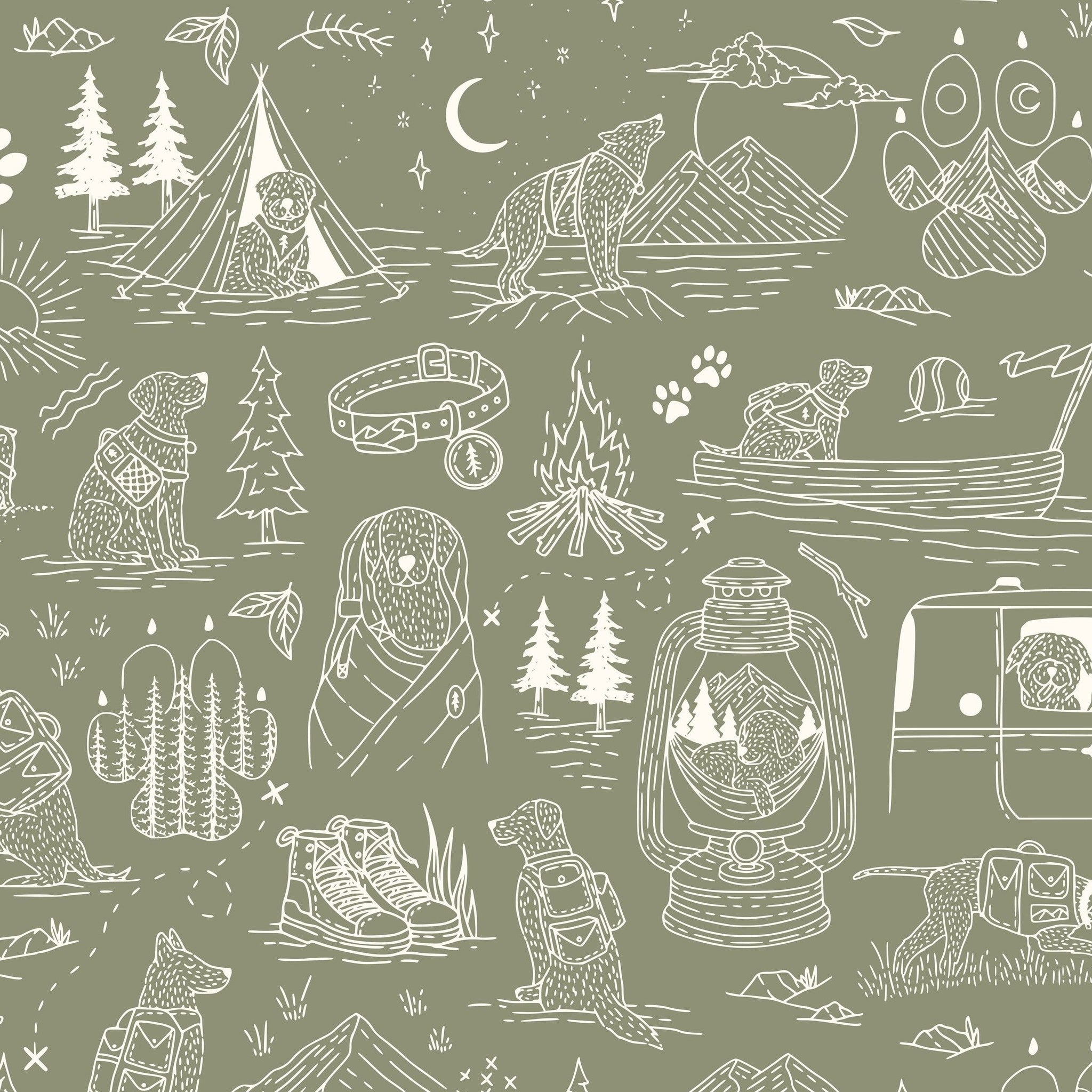Whimsical green wallpaper with sketched dogs, tents, and nature scenes.