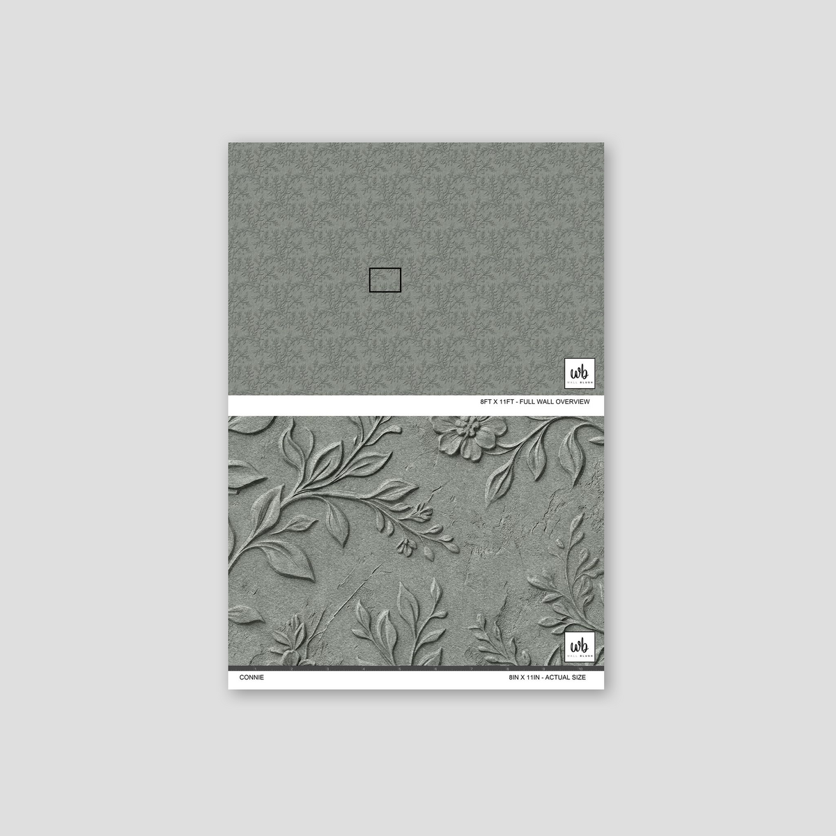 Grey floral embossed wallpaper with delicate vines and blossoms
