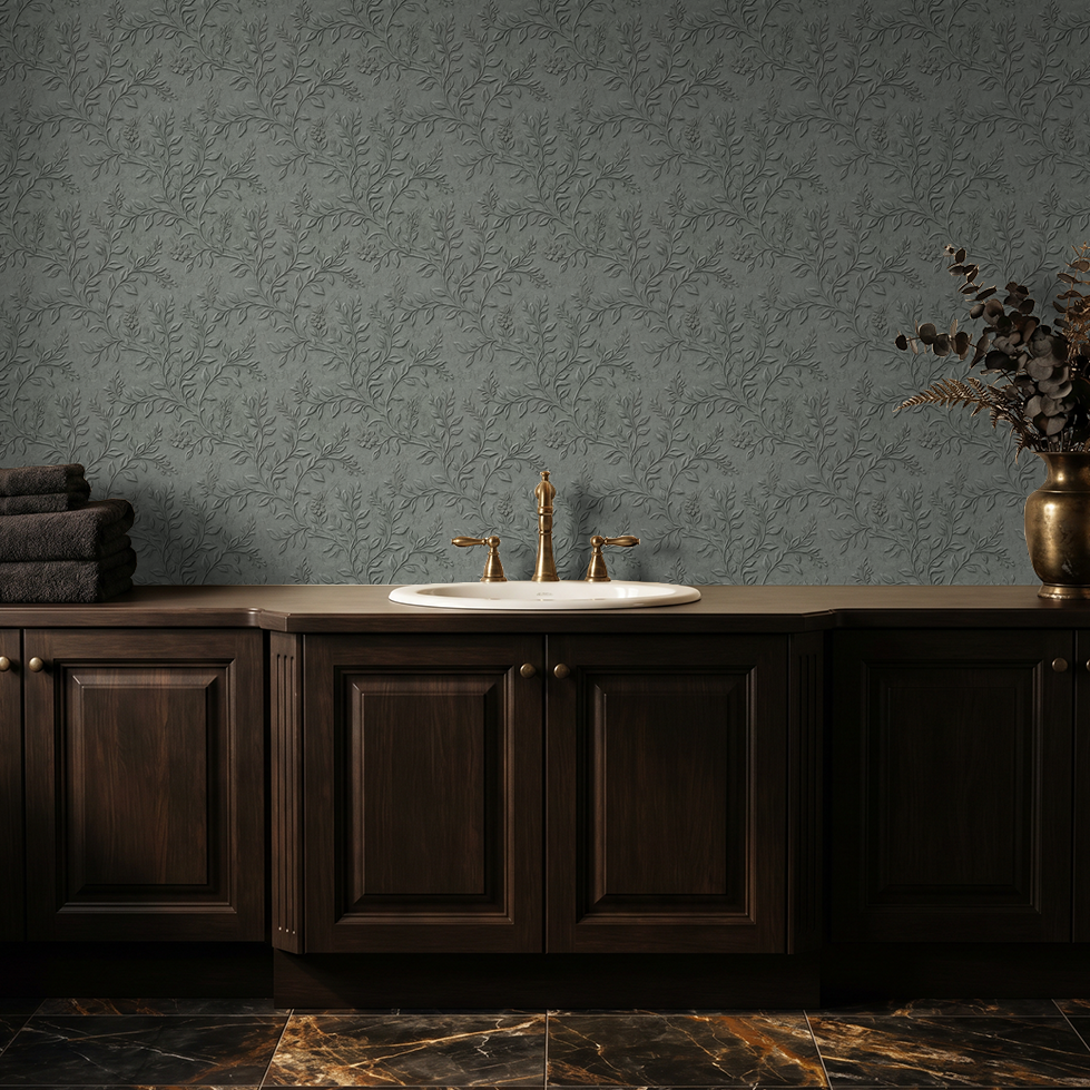 Elegant grey floral wallpaper with vine pattern in a classic bathroom setting.