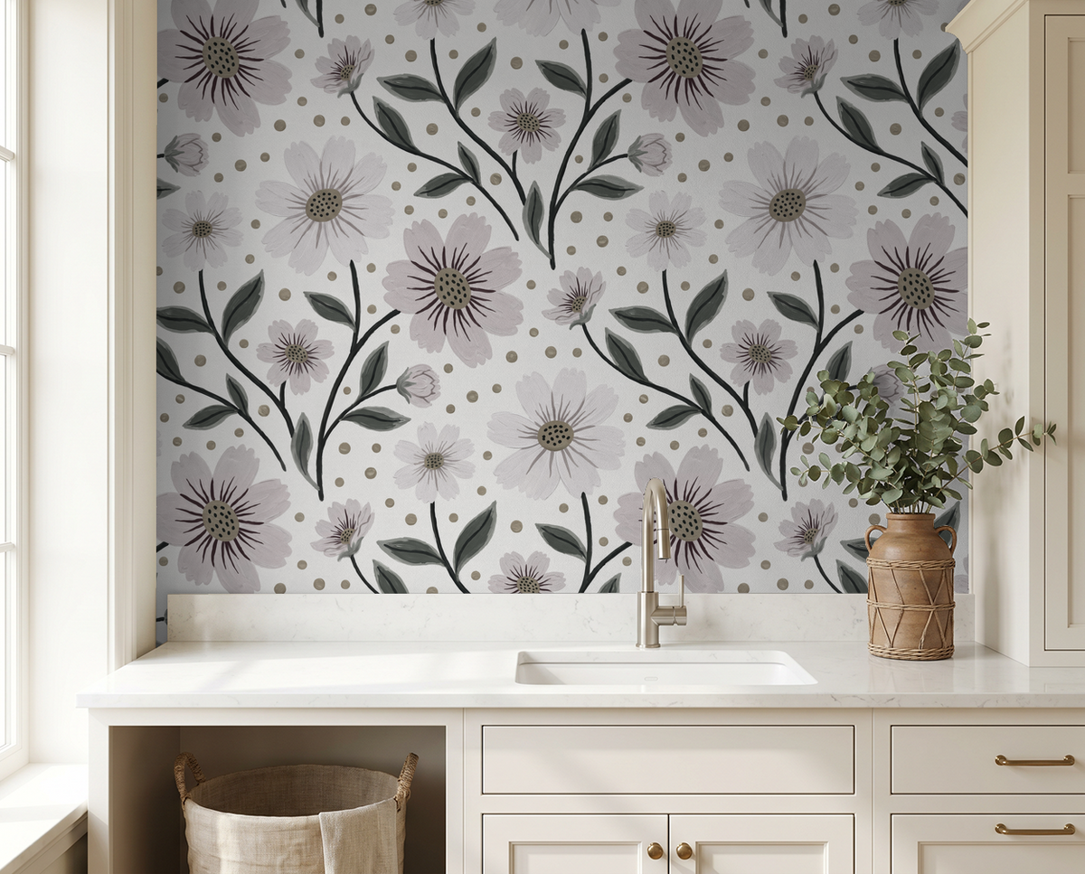 Grey floral wallpaper with blush blooms and sage leaves in a kitchen setting.