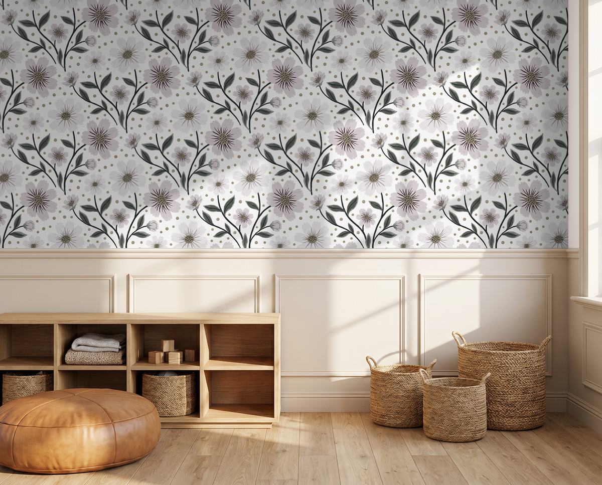 Floral wallpaper with grey and lavender blooms in cozy living room setting.