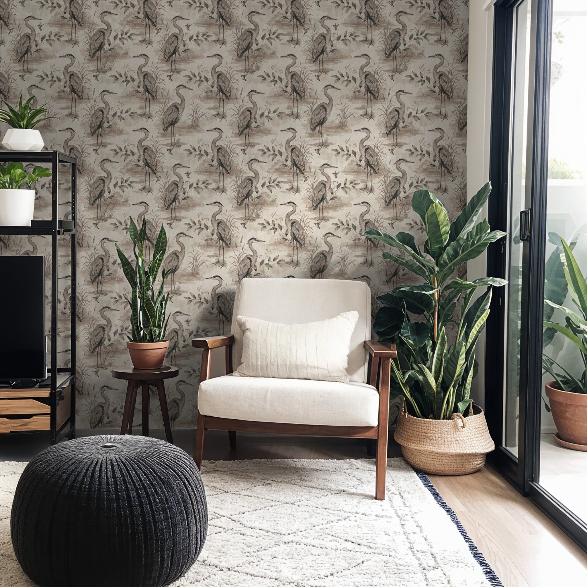 Heron Lake wallpaper with herons and foliage in a serene living room setting.