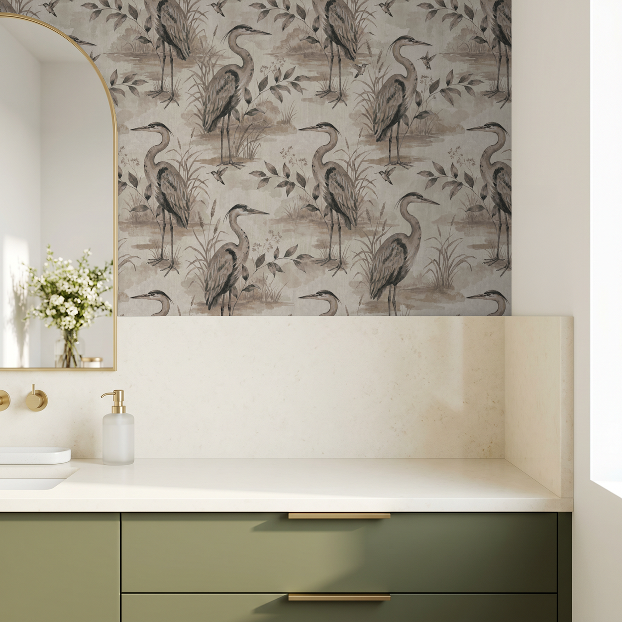 Heron Lake wallpaper with herons and foliage in taupe tones in a modern bathroom.