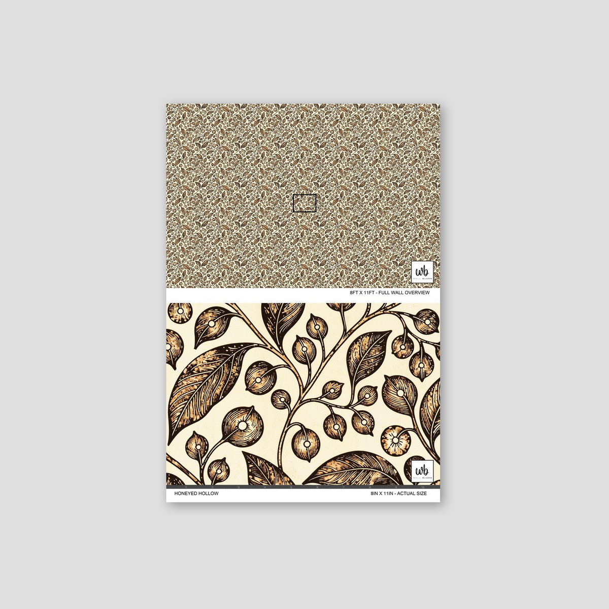 Honeyed Hollow wallpaper with intricate floral and leaf motifs in soft gold and deep brown.