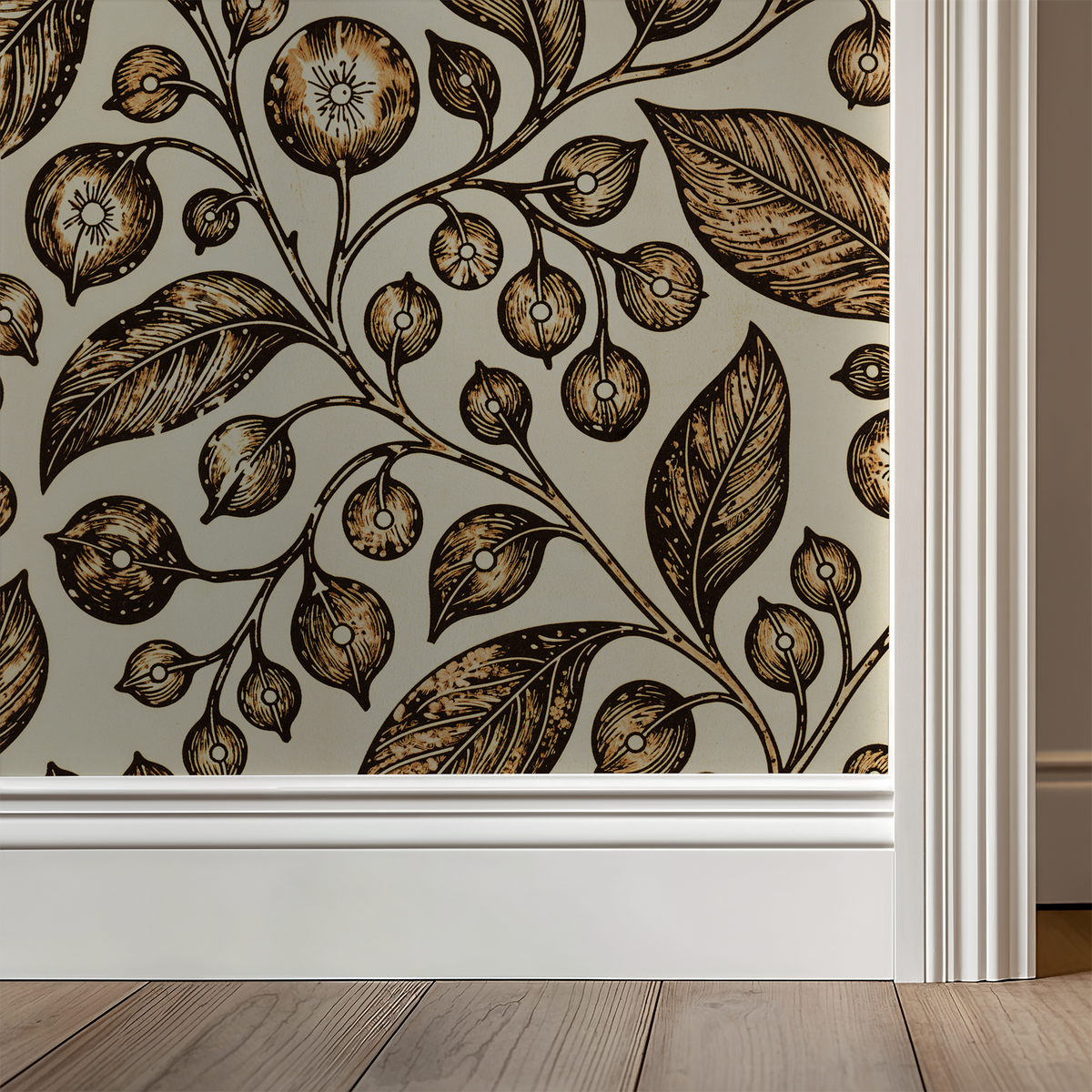 Honeyed Hollow wallpaper with intricate floral and leaf motifs in gold and brown tones.