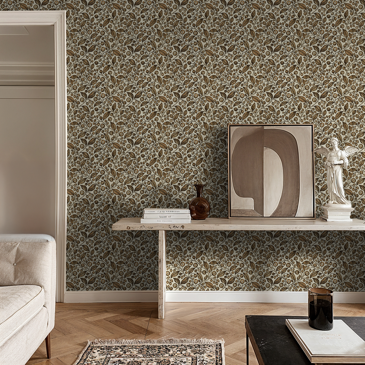 Honeyed Hollow wallpaper with intricate floral pattern in warm gold and brown in elegant living room.