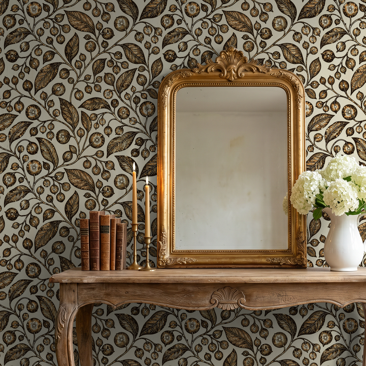 Honeyed Hollow wallpaper with intricate floral motifs in gold and brown, ornate mirror, and wooden table.