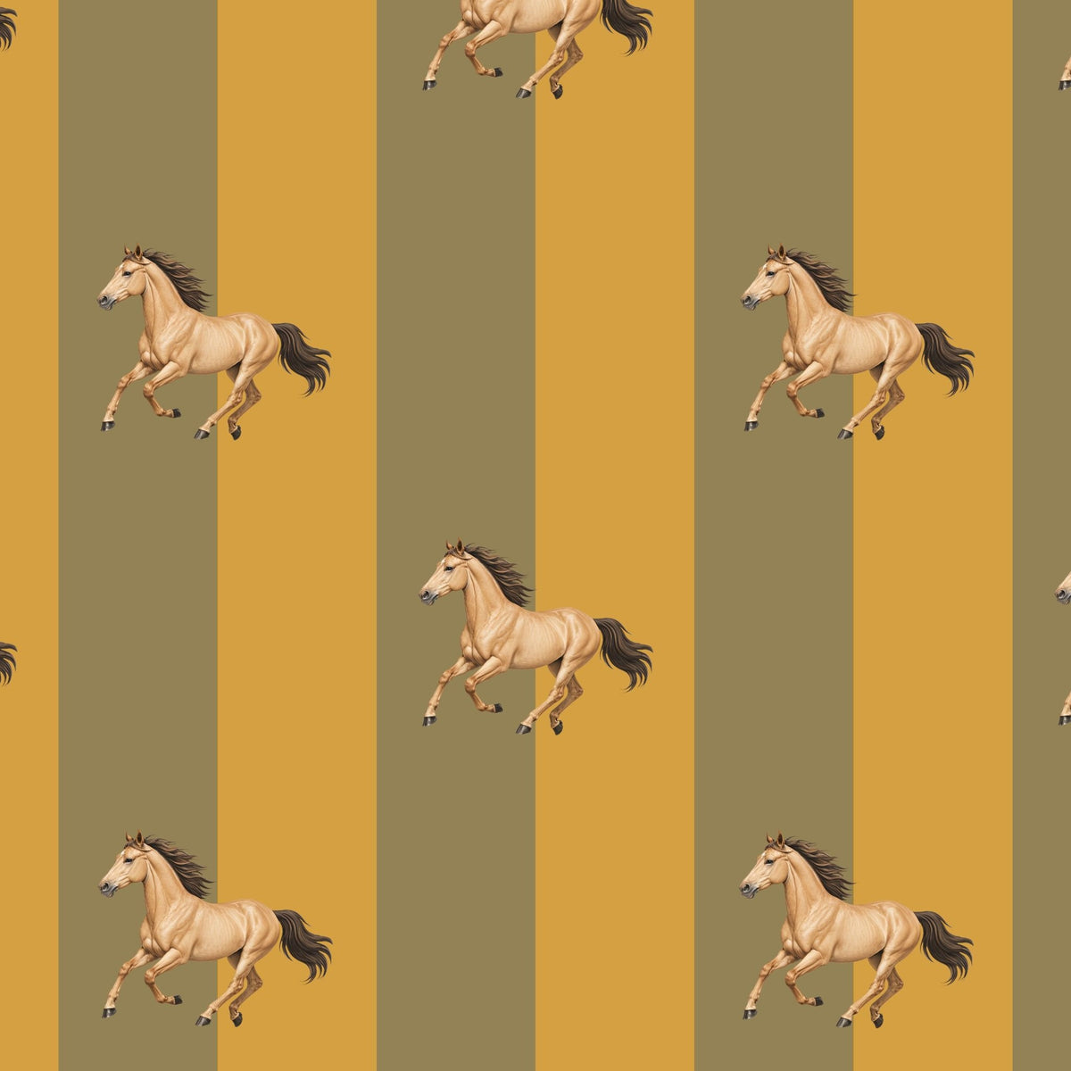 Horse wallpaper with mustard and olive stripes in a rhythmic pattern.