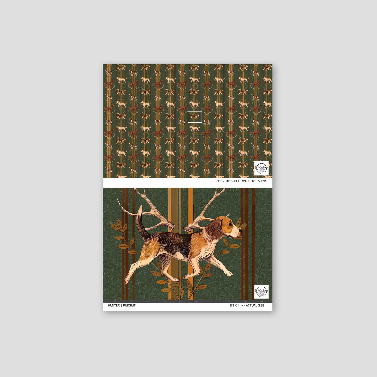 Hunter's Pursuit wallpaper with hunting dogs, antlers, and foliage on a green backdrop.