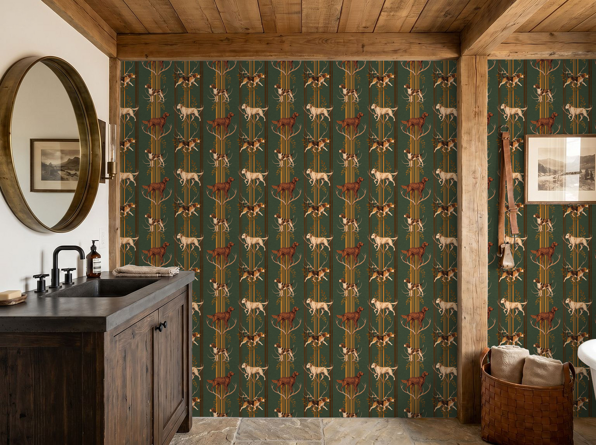 Rustic bathroom with Hunter's Pursuit wallpaper featuring hunting dogs, antlers, and foliage on a green backdrop.