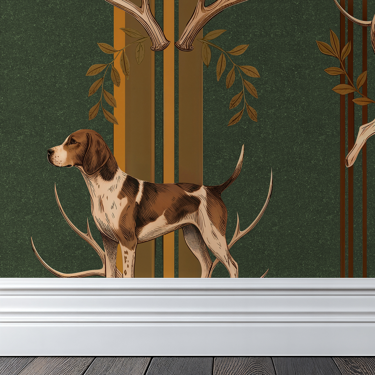 Hunter's Pursuit wallpaper with hunting dog, antlers, and foliage on green background.