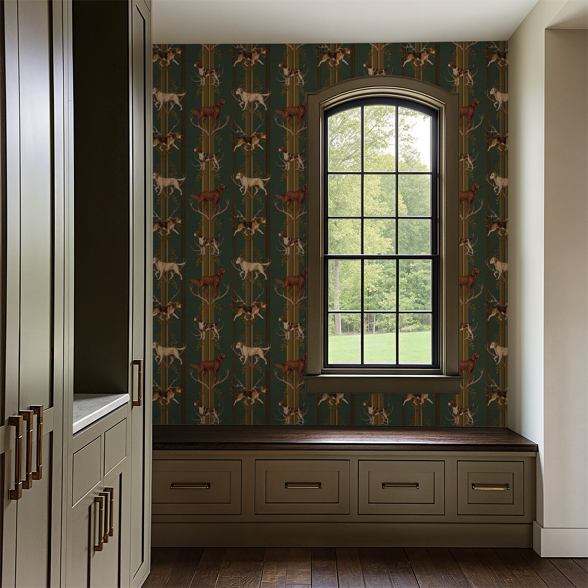 Hunter's Pursuit wallpaper with hunting dogs and antlers in rustic room.