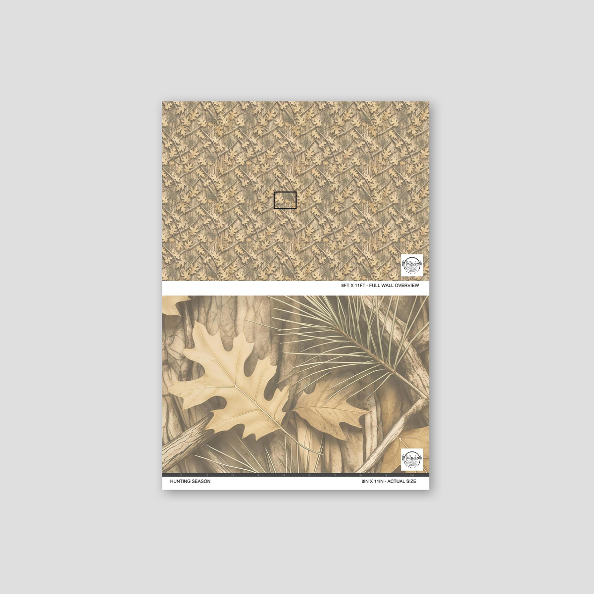 Hunting Season wallpaper with oak leaves and pine needles on bark background.