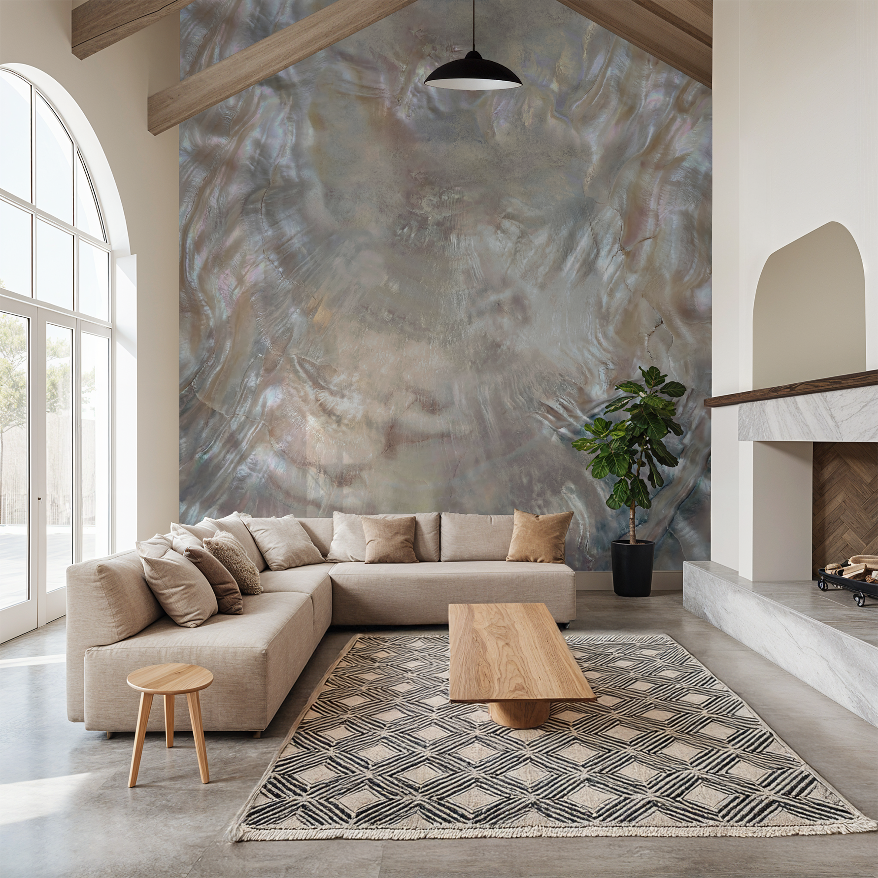 Elegant iridescent textured wallpaper in modern living room with beige sectional sofa and wooden table.