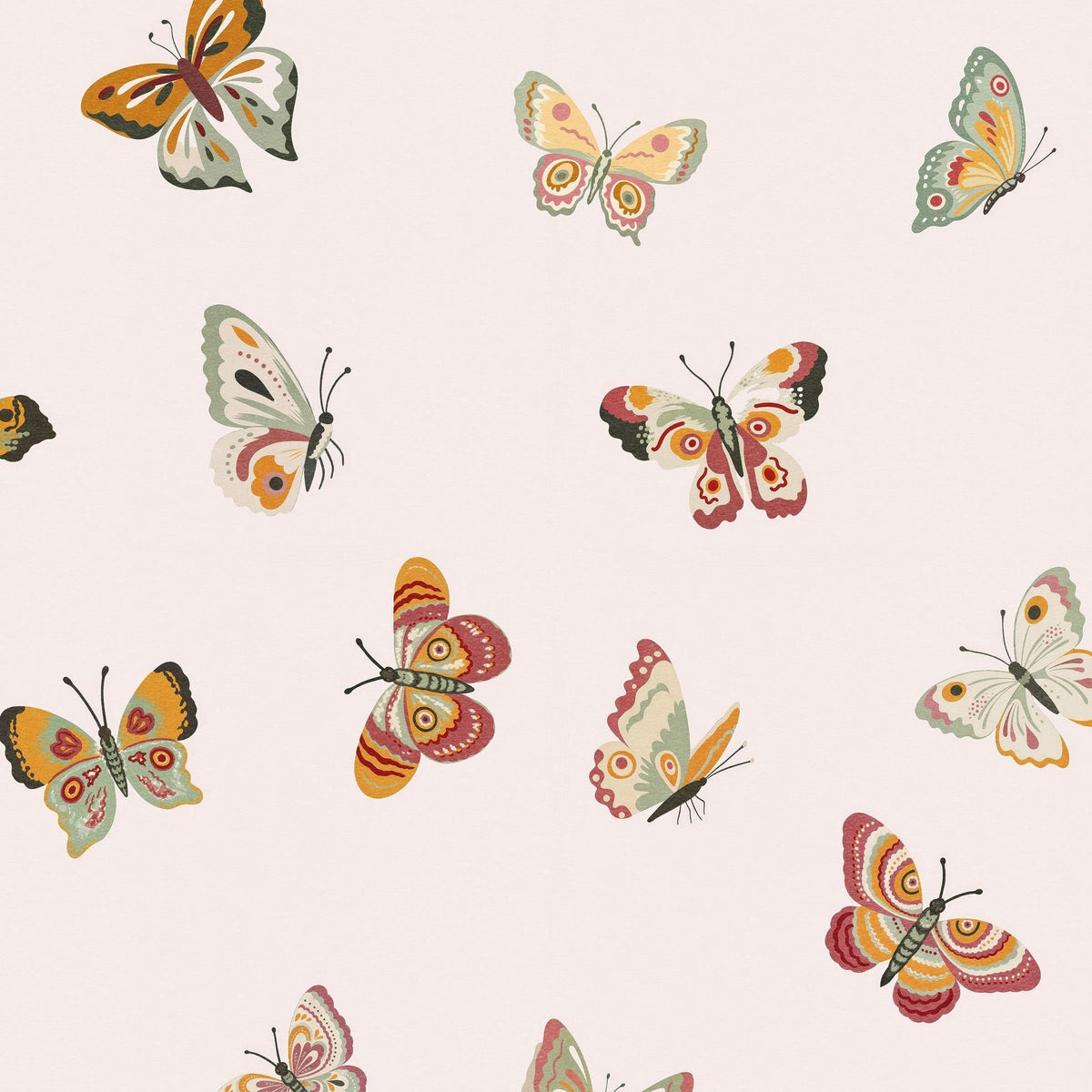 Ivory wallpaper with colorful butterflies in orange, green, and pink hues.