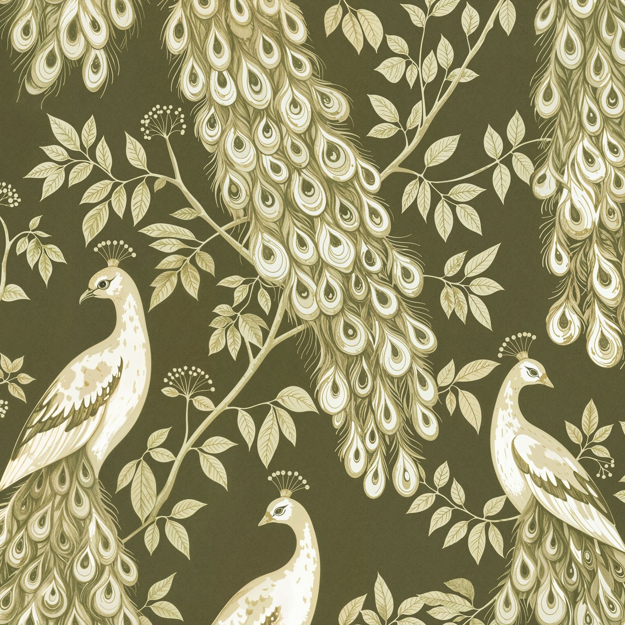 Ivory peacocks on olive-green wallpaper with lush foliage and ornate feathers.