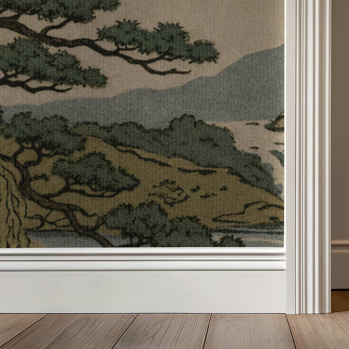 Japanese garden wallpaper with willow trees and muted greens