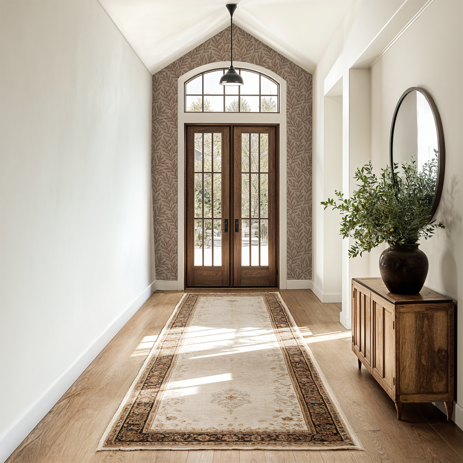 La Vid wallpaper with brown vines on beige in elegant entryway