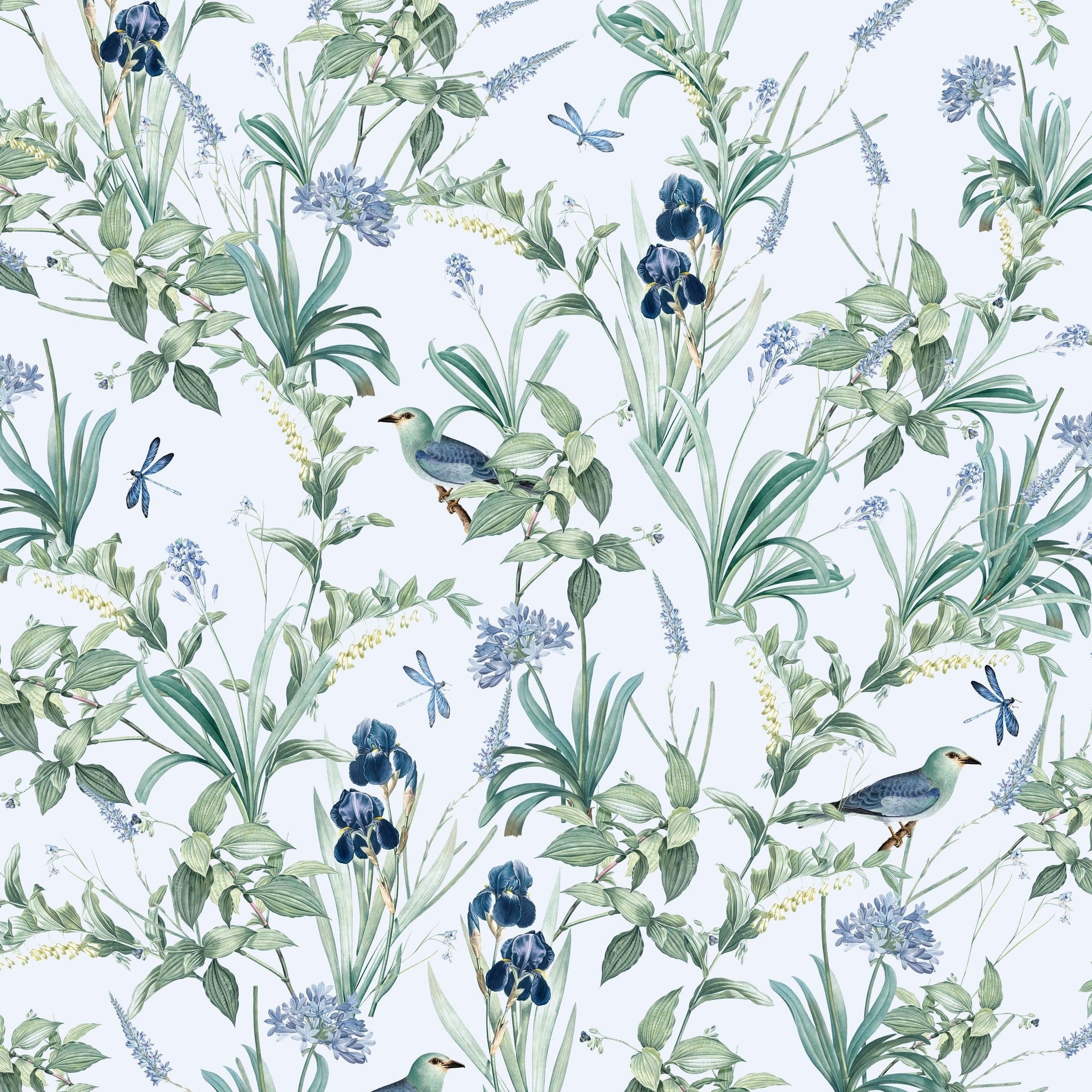 Lavender floral wallpaper with birds, dragonflies, and greenery in a serene botanical pattern.