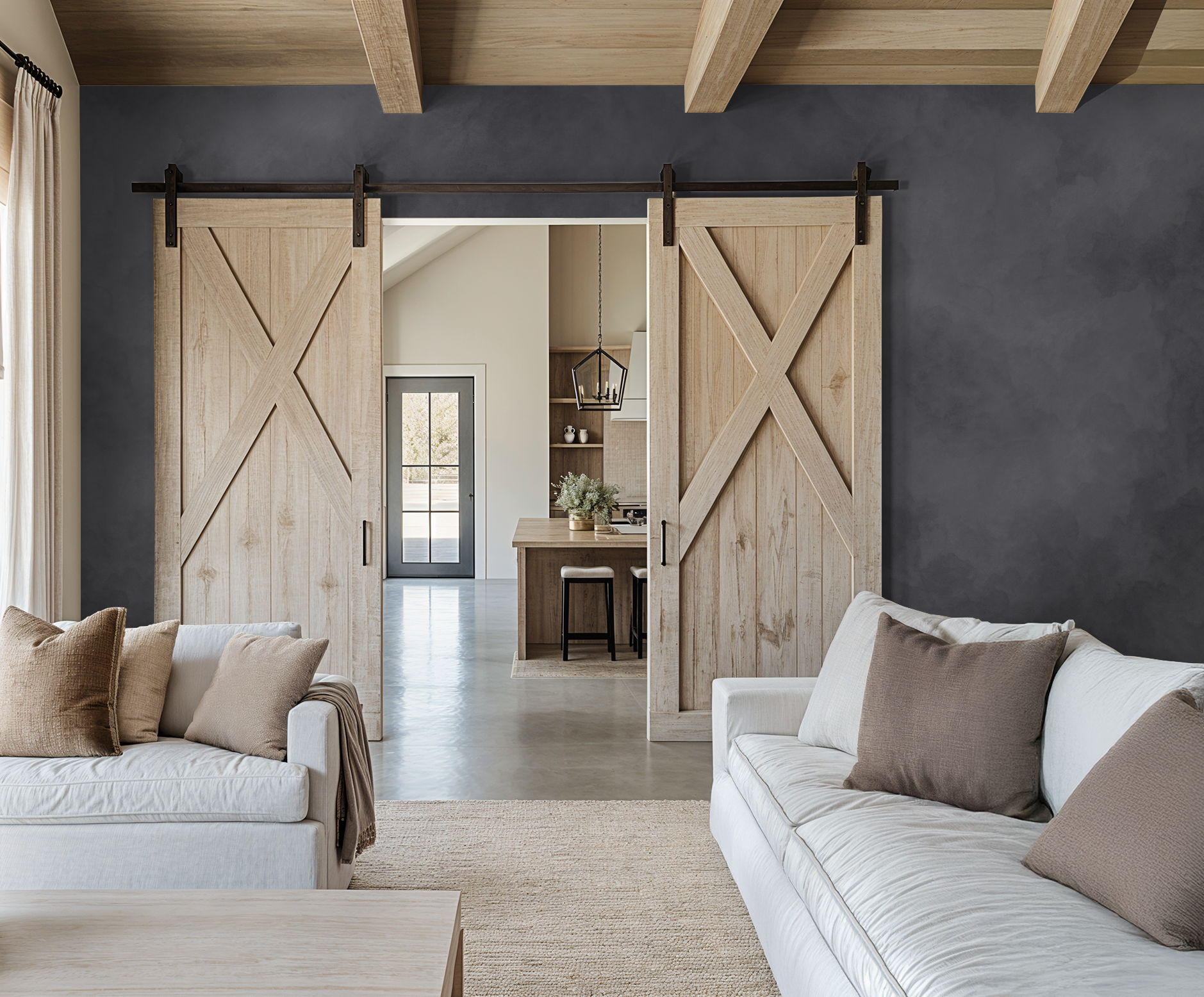 Living room with light purple abstract wallpaper and wooden barn doors