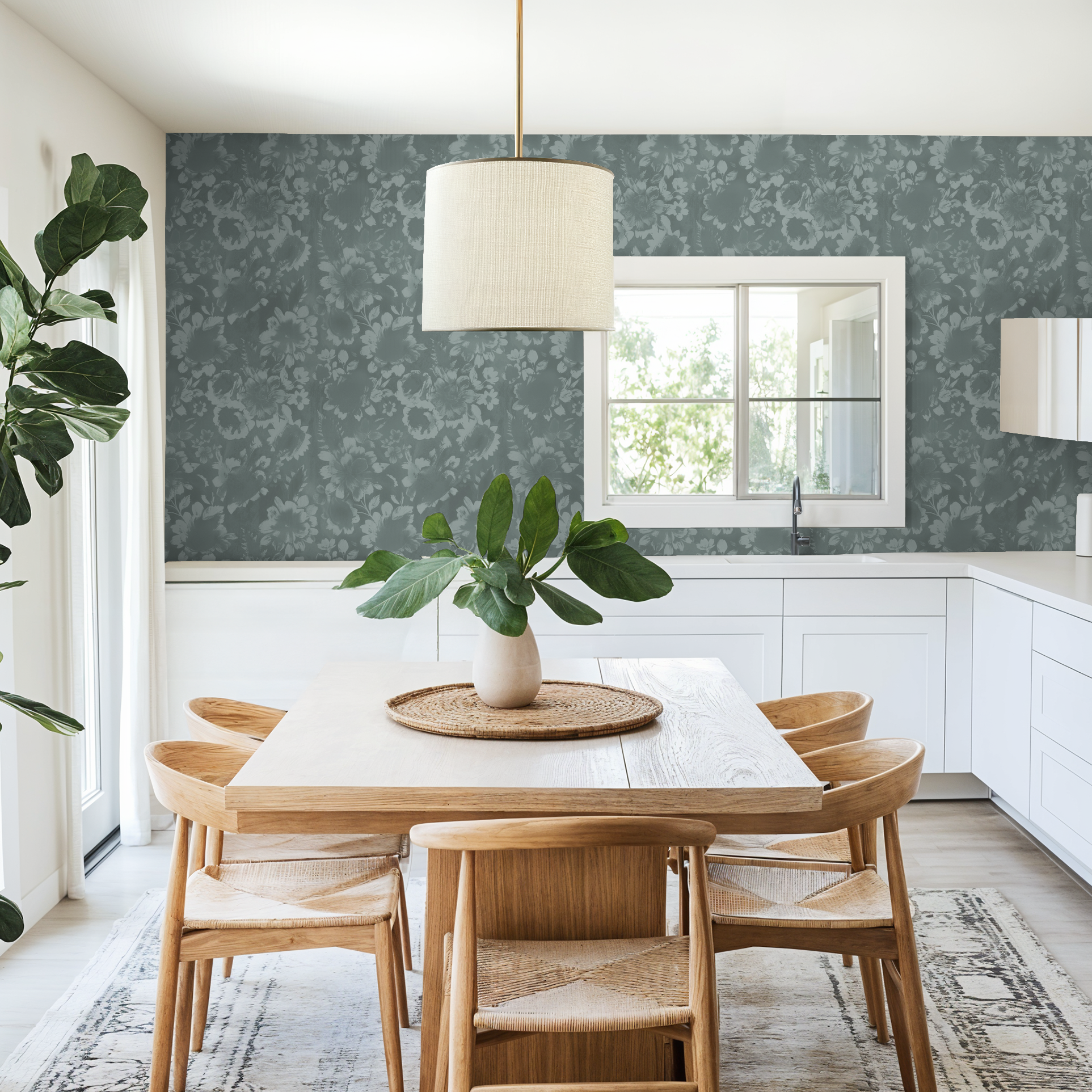 Light teal floral wallpaper in modern dining room with wooden furniture.