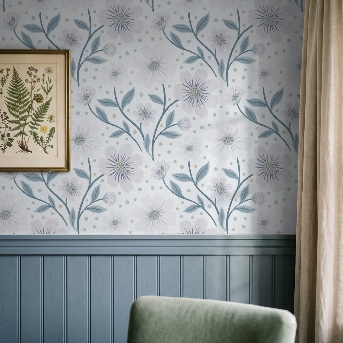 Lilac floral wallpaper in serene living room with botanical art and blue wainscoting.