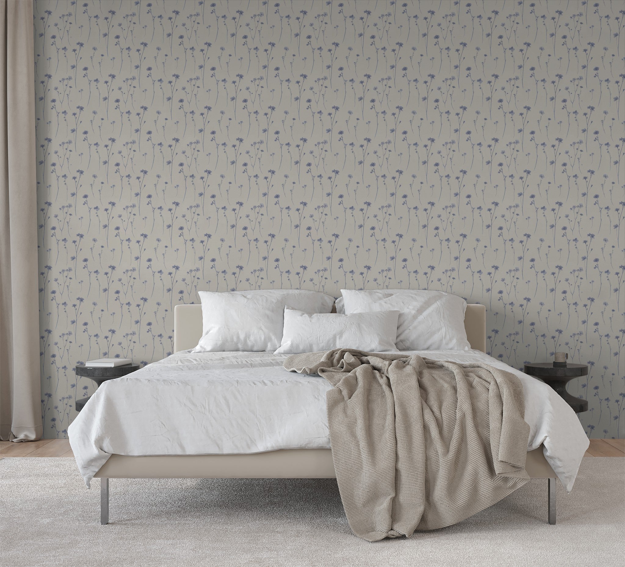 Bedroom with Lila's Meadow wallpaper, soft lavender floral pattern, serene decor.