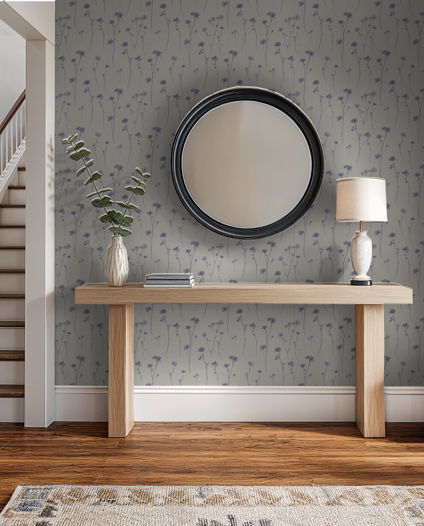Lila's Meadow wallpaper with lavender floral pattern in a modern hallway setting.