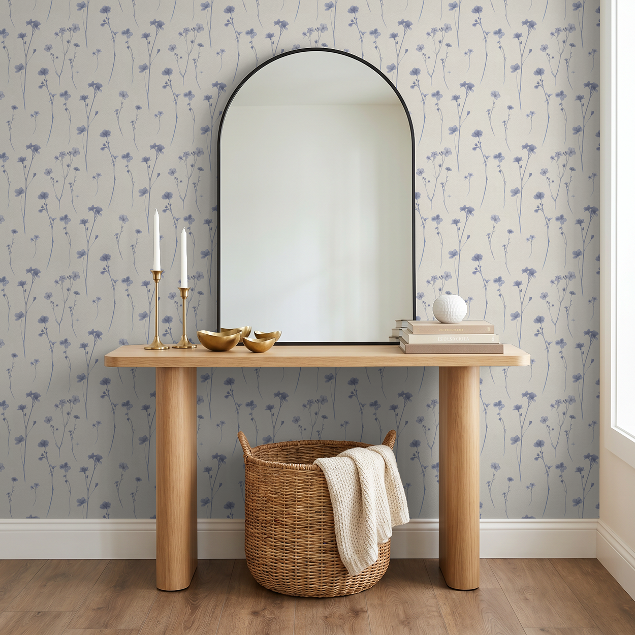 Lila's Meadow wallpaper with lavender floral pattern in a serene room with mirror and table.