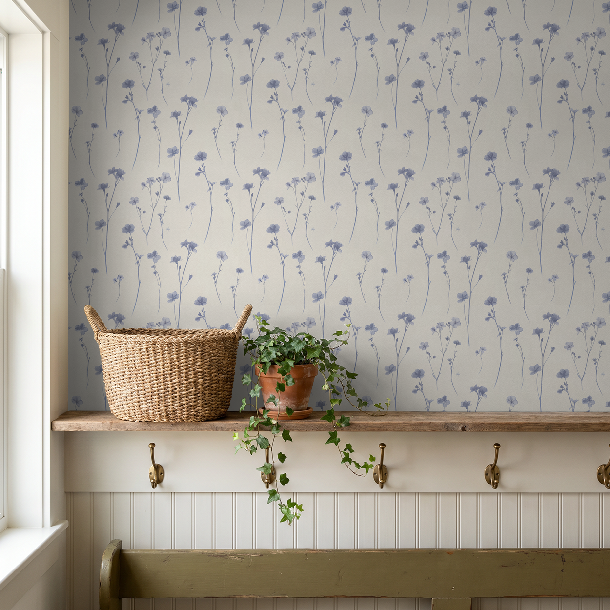 Soft lavender floral wallpaper with delicate flowers in a rustic room setting.