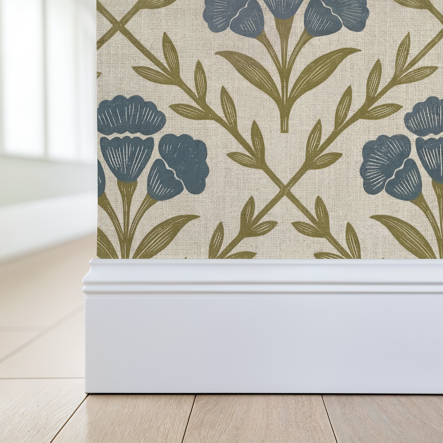 Marielos wallpaper with blue and olive floral pattern on beige background