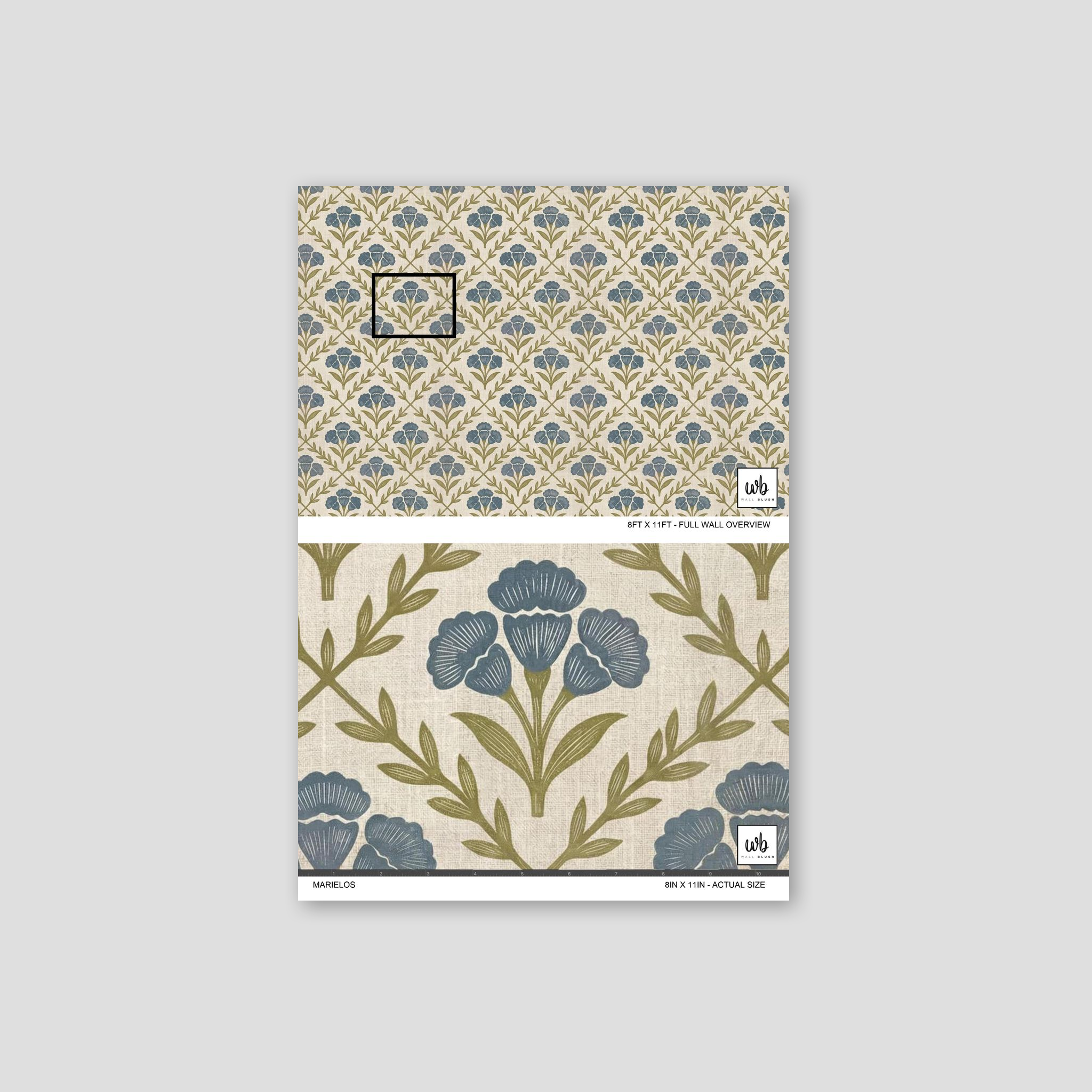 Marielos wallpaper with blue and olive floral pattern on beige background