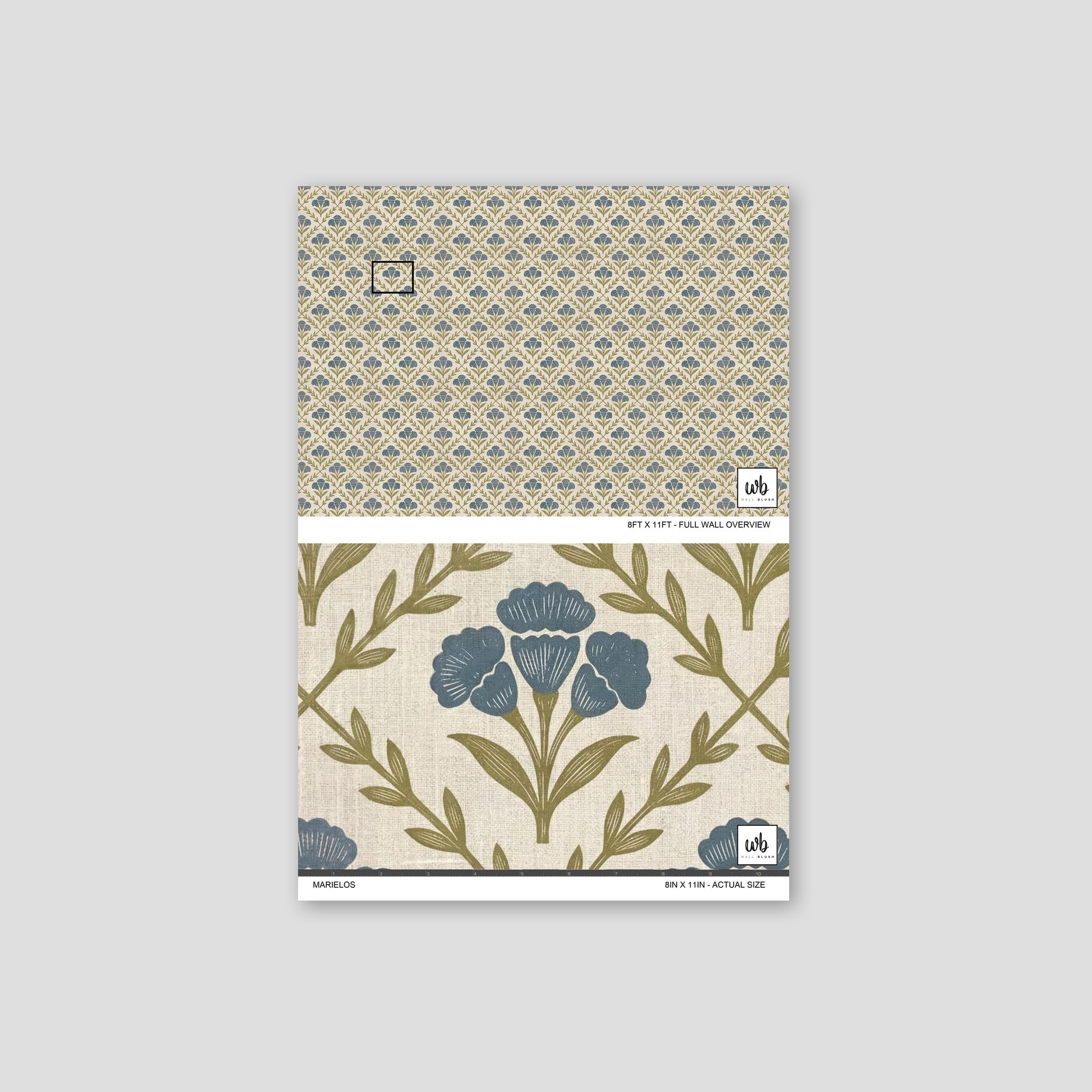Marielos floral wallpaper with blue and olive green flowers on beige background.