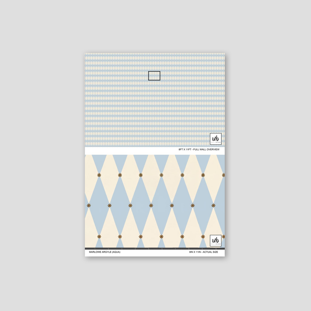 Marlowe Argyle aqua wallpaper sample with blue and white geometric triangles.