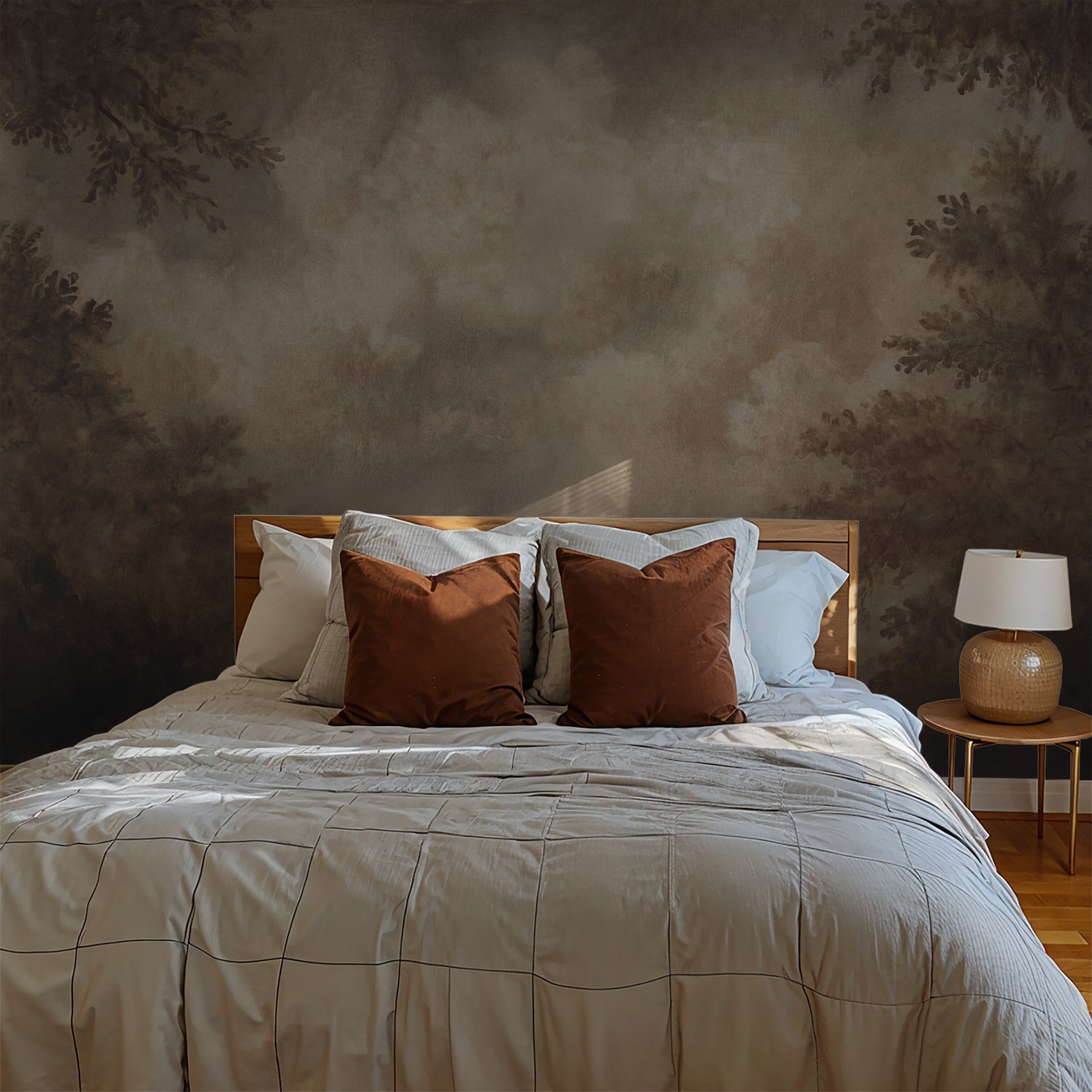 Maroon cloud wallpaper in cozy bedroom with wooden bed and pillows.