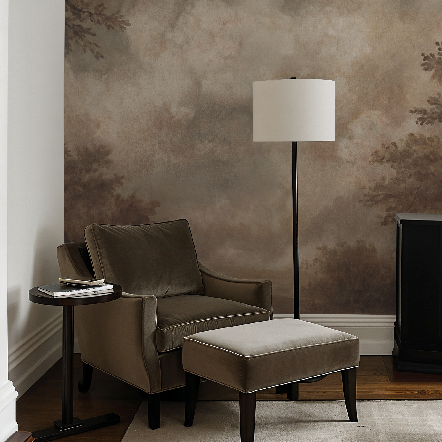 Maroon cloud wallpaper in cozy living room with armchair and lamp.