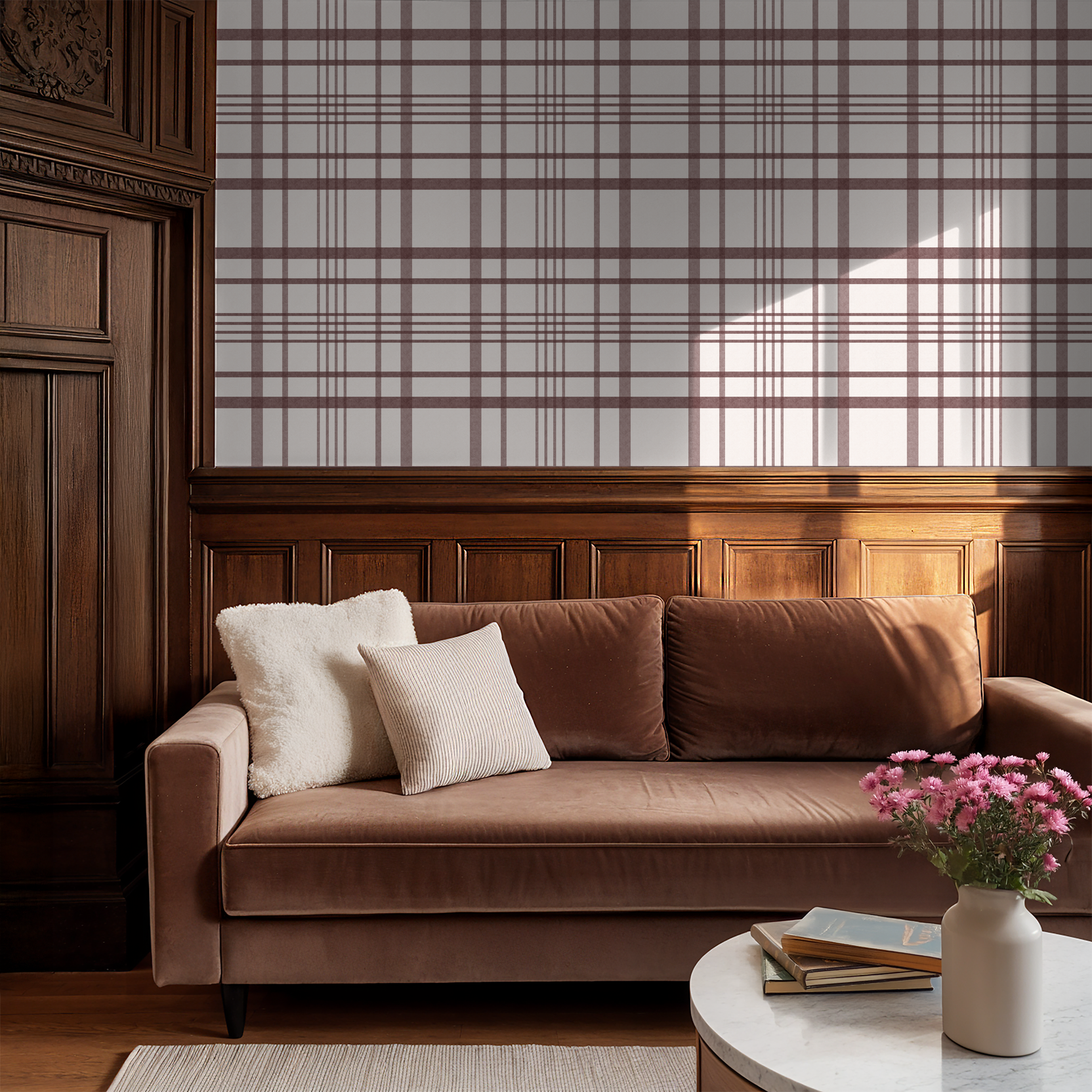 Cozy living room with maroon plaid wallpaper and brown sofa