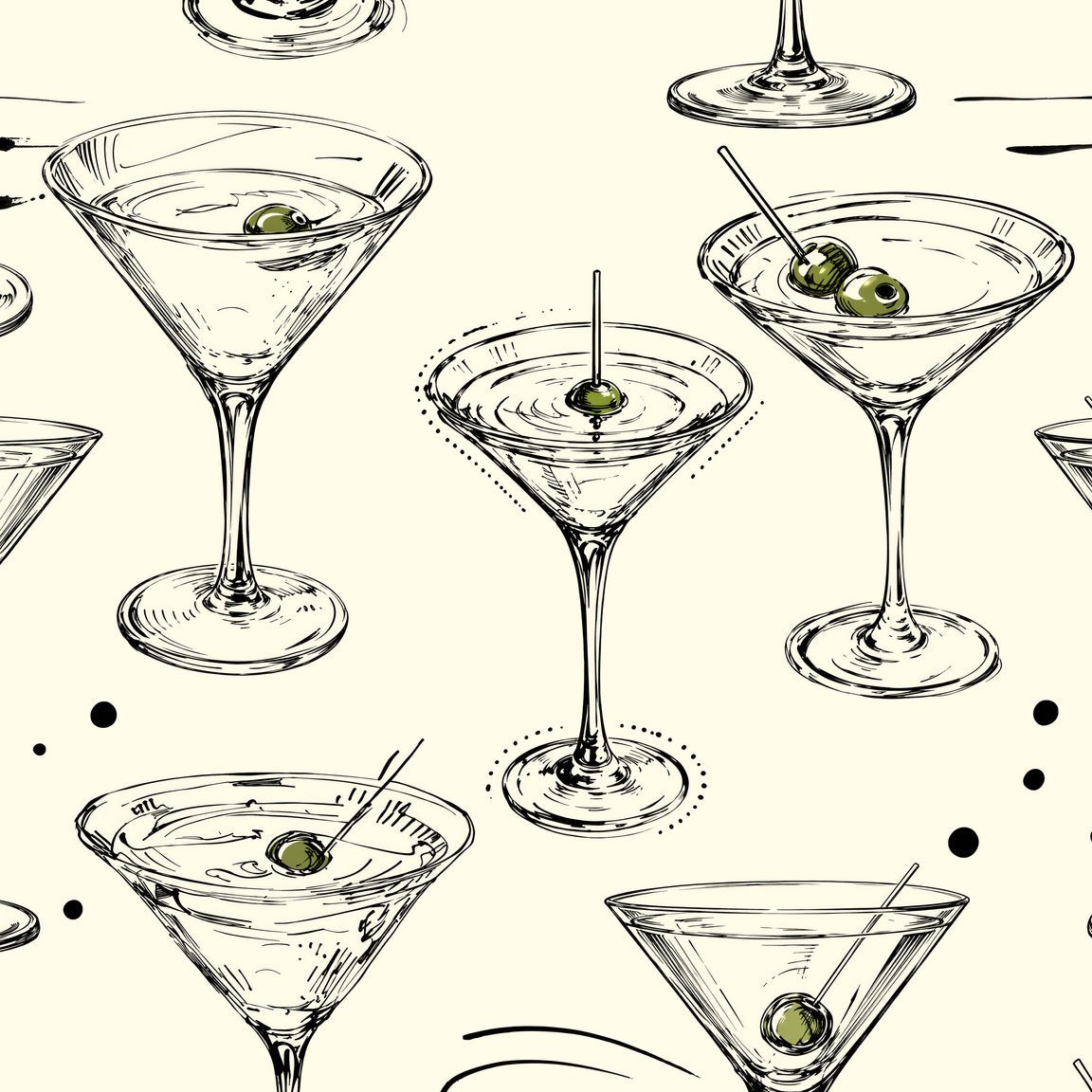 Martini glass wallpaper with olives on cream background, elegant line art.